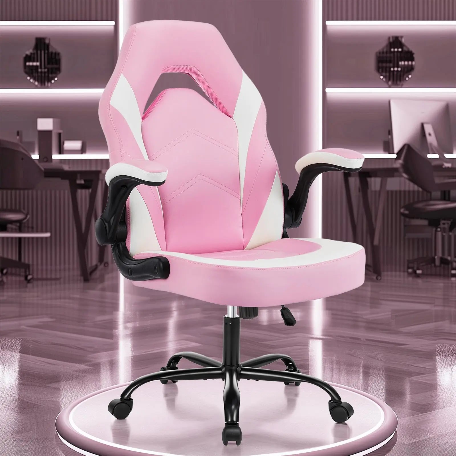 OLIXIS Computer Gaming Desk Chair Big and Tall Ergonomic Lumbar Support with Flip-up Armrest and 360° Swivel Wheels PU Leather Height Adjustable for Home and Office White-Pink